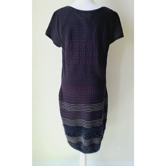 Just Taylor Black Knit‎ Sweater Dress Sz Large Fur Gold Striped Black Sheath - Picture 5 of 12